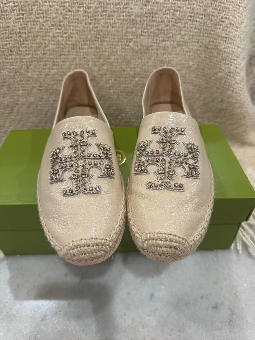 Tory Burch Ivory Embellished Leather Espadrille Flats NIB  Size 9